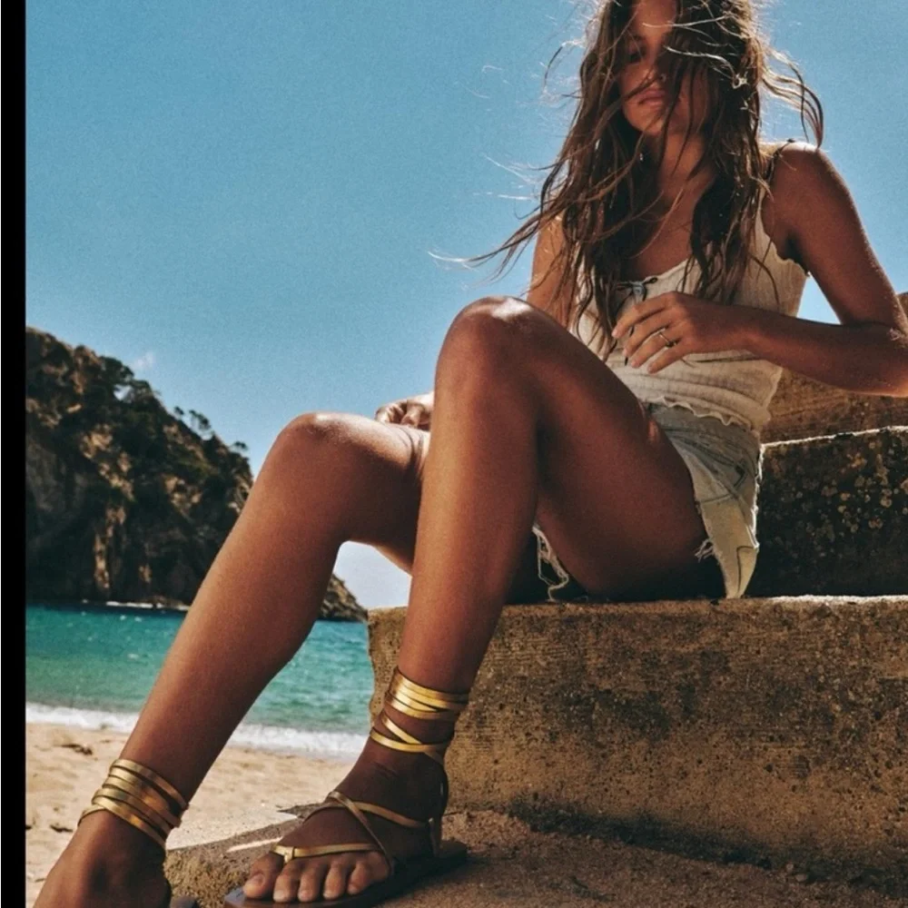 Zara LACE UP TIED FLAT LEATHER SANDALS 41 - Picture 2 of 6